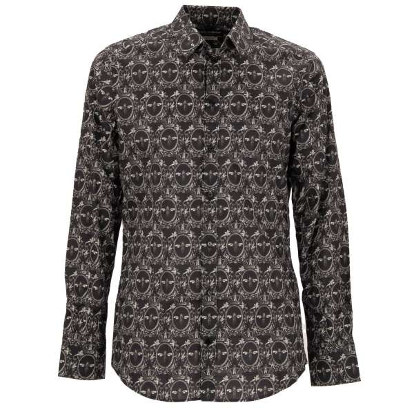 Cotton shirt with Napoleon Crown Bee Print in black and gray by DOLCE & GABBANA  - GOLD Line 
