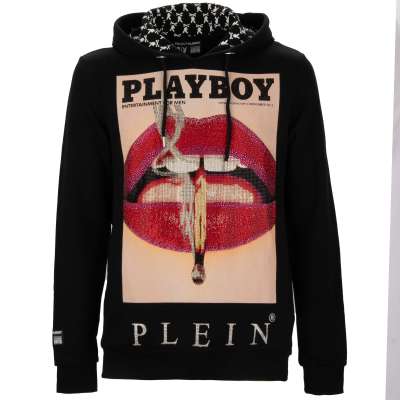 Lips Printed Hoodie with Crystals and Logo Black
