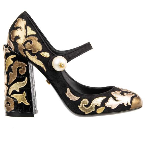 Baroque Mary Jane Pumps VALLY with golden elements, croco structure leather heel and big pearl in black by DOLCE & GABBANA
