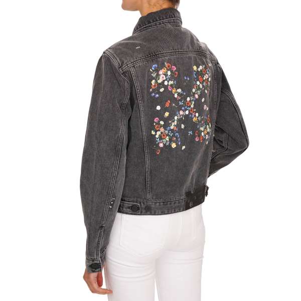 Denim jacket shirt with flowers embroidered and printed Logo on the back in gray by OFF-WHITE c/o Virgil Abloh 