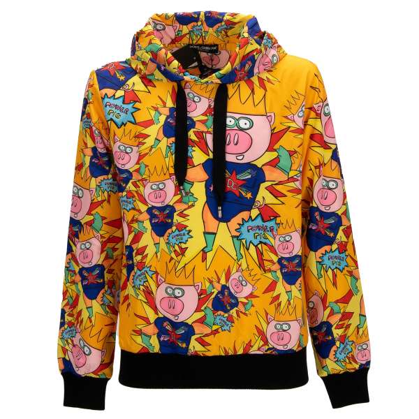Jacket Style Lined Hooded Sweater / sweatshirt with Power Crown Pig Print in yellow by DOLCE & GABBANA