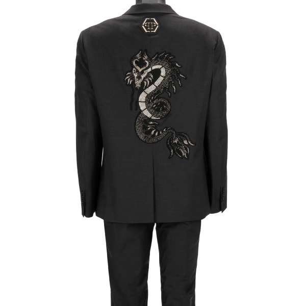 Virgin wool 2 piece suit with crystal dragon on the back,  on the pants, and peak lapel in gray by PHILIPP PLEIN