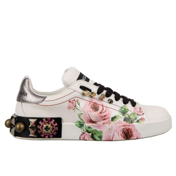 Rose print Leather Sneaker LONDON with pearls, crystals and studs in white by DOLCE & GABBANA