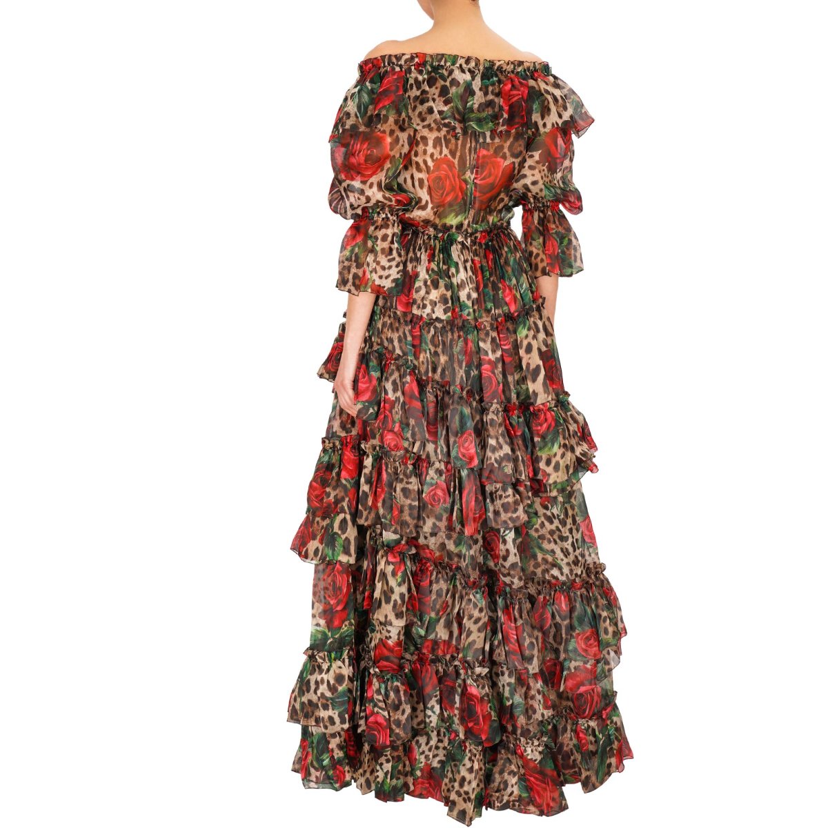 Dolce Gabbana RUNWAY Leopard Roses Print Maxi Silk Dress Red Brown FASHION ROOMS