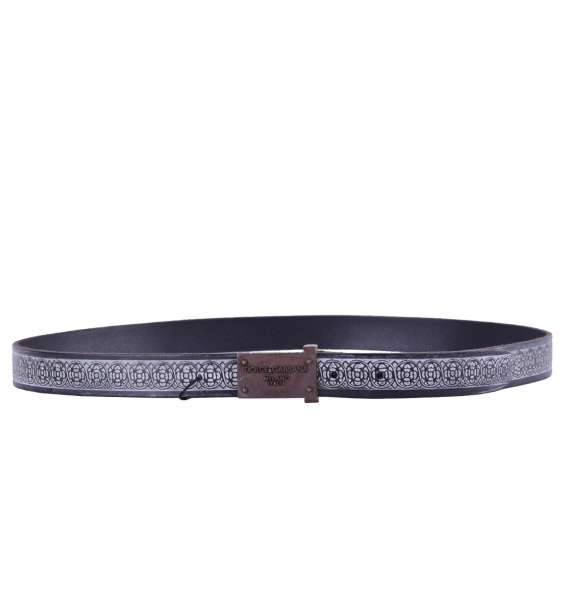 Printed calf leather belt with with rectangular metal logo plaque by DOLCE & GABBANA Black Label