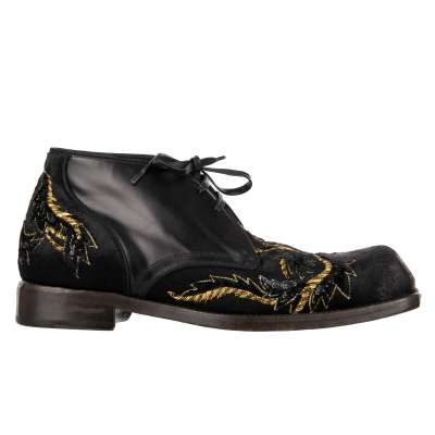 Barock Gold Stickerei Leder Stiefeletten Boots Schuhe SIRACUSA Schwarz 42 UK 8 US 9