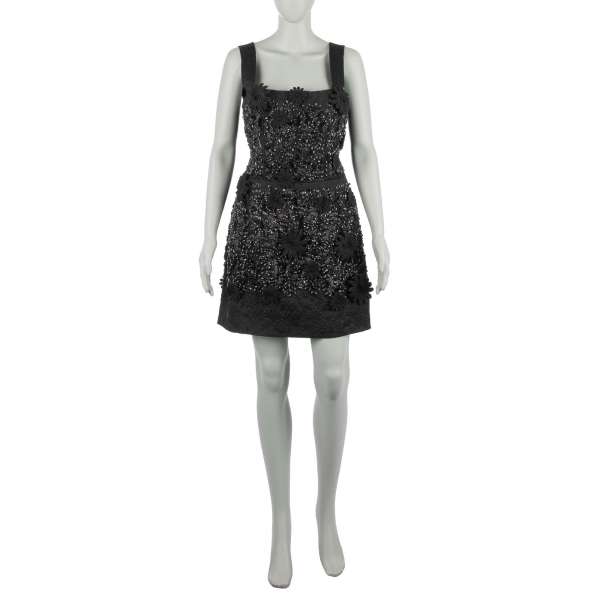 Brocade dress with embroidered flowers, crystals and pearls in black by DOLCE & GABBANA