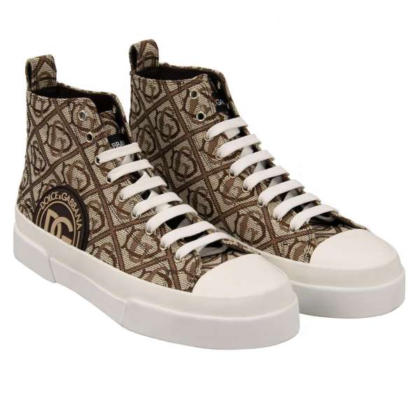 Lace High Top Jacquard Sneaker PORTOFINO with DG logo in brown and white by DOLCE & GABBANA