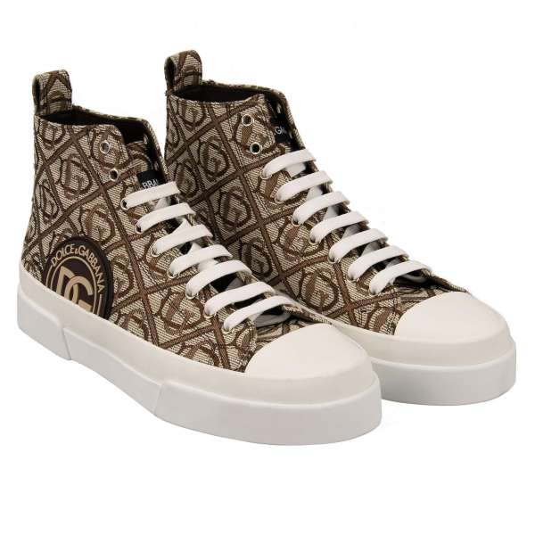 High Top Jacquard Sneaker PORTOFINO mit DG Logo in Braun und Weiß von DOLCE & GABBANA