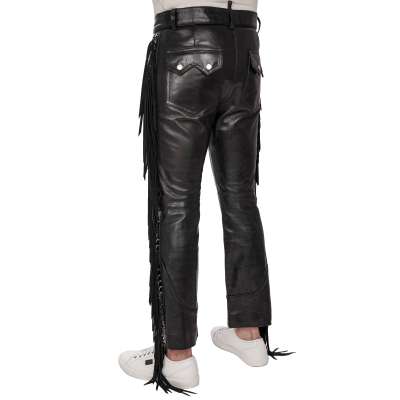 Cowboy Western Style Ring Fringe Leather Pants Black 48 32 33 M