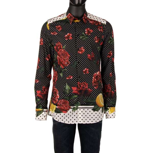 Cotton shirt with polka dot pattern, red roses and lemons print in black and white by DOLCE & GABBANA