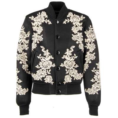 Floral Embroidered Perforated Bomber Jacket Black Beige