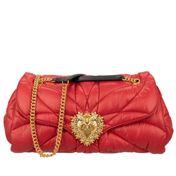 Quilted Nylon Crossbody Bag / Shoulder Bag DEVOTION Large with leather belt, outer pocket, jeweled heart buckle with DG Logo and structured metal chain strap by DOLCE & GABBANA