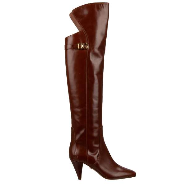 DG Gold Logo Overknee Boots CAROLINE made of leather with heel in brown with by DOLCE & GABBANA