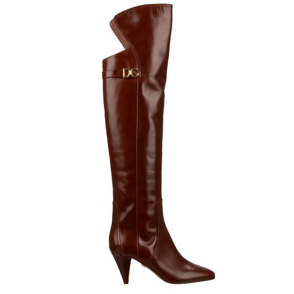 Overknee-Stiefel CAROLINE aus Leder mit DG Gold Logo in Braun von DOLCE & GABBANA