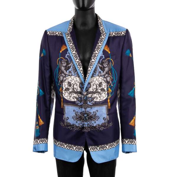Silk Blazer TAORMINA with Coat of Arms print in blue and gold by DOLCE & GABBANA