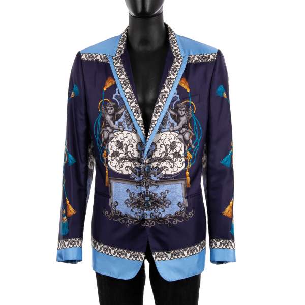 Blazer TAORMINA aus Seide mit Wappen Print in Blau und Gold von DOLCE & GABBANA