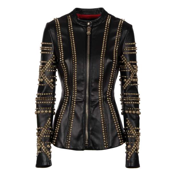Leather Jacket CAN'T YOU SEE embellished with studs in black and gold by PHILIPP PLEIN COUTURE
