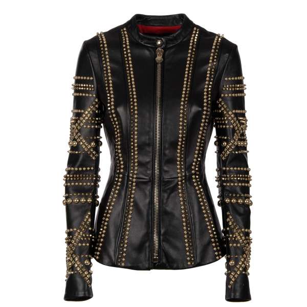 CAN'T YOU SEE Lederjacke mit Nieten in Gold und Schwarz von PHILIPP PLEIN COUTURE