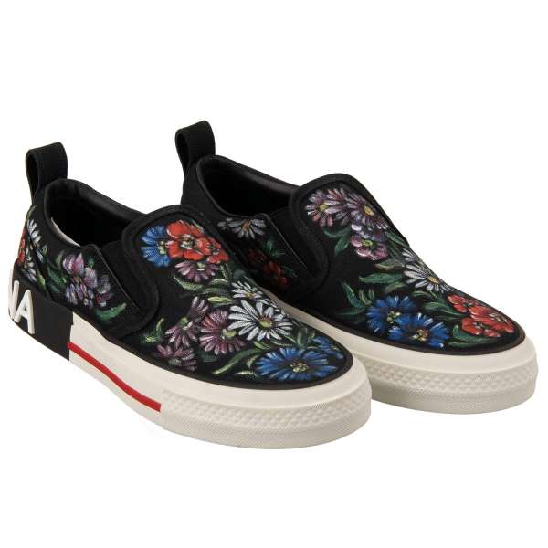 Hand painted flowers by DG Unique Low-Top Slip-On Sneaker DONNA with logo in black by DOLCE & GABBANA