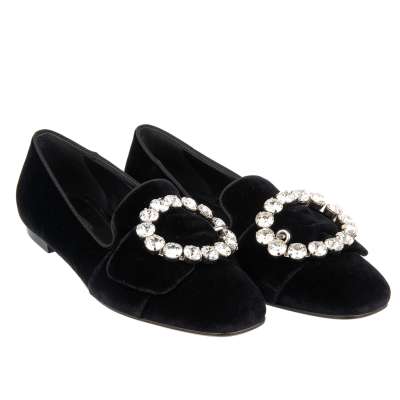 Velvet Loafer Ballet Flats Shoes JACKIE with Crystal Brooch Black