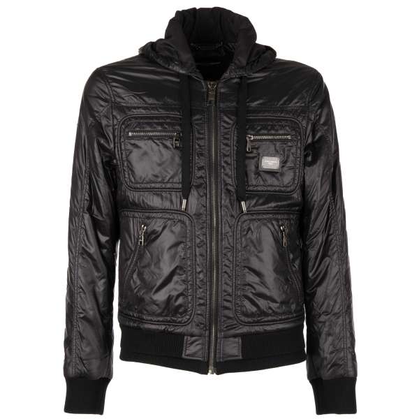Hooded nylon jacket with pockets, logo and knit details by DOLCE & GABBANA