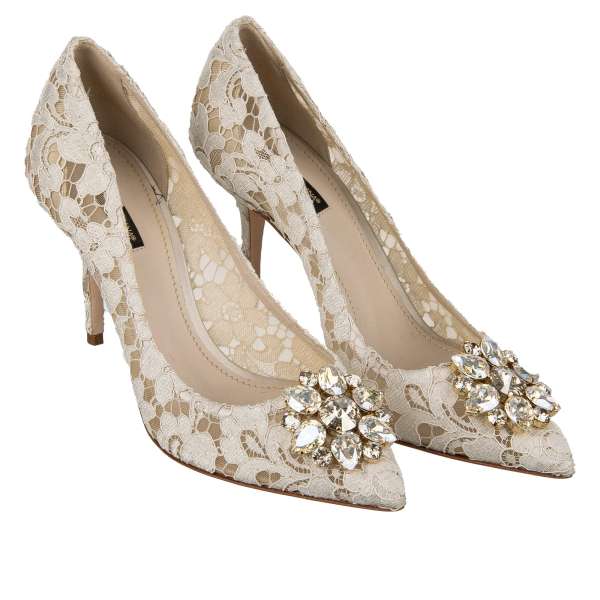 Taormina lace pointed Pumps BELLUCCI with crystals brooch in beige by DOLCE & GABBANA