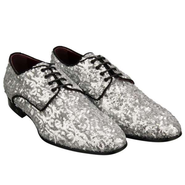 Exclusive festive derby shoes POSITANO with sequins and DG metal logo in silver by DOLCE & GABBANA