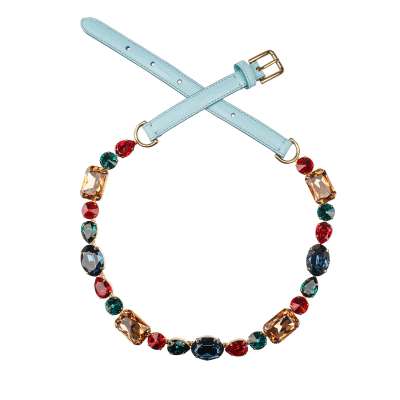 Mehrfarbige Kristalle Iguana Leder Kette Gürtel Blau Gold 