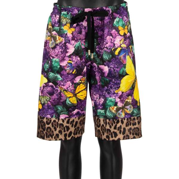 Sweatshorts / Shorts with butterfly, flowers, logo and leopard print, logo sticker and zipped pockets by DOLCE & GABBANA - DOLCE & GABBANA x DJ KHALED Limited Edition
