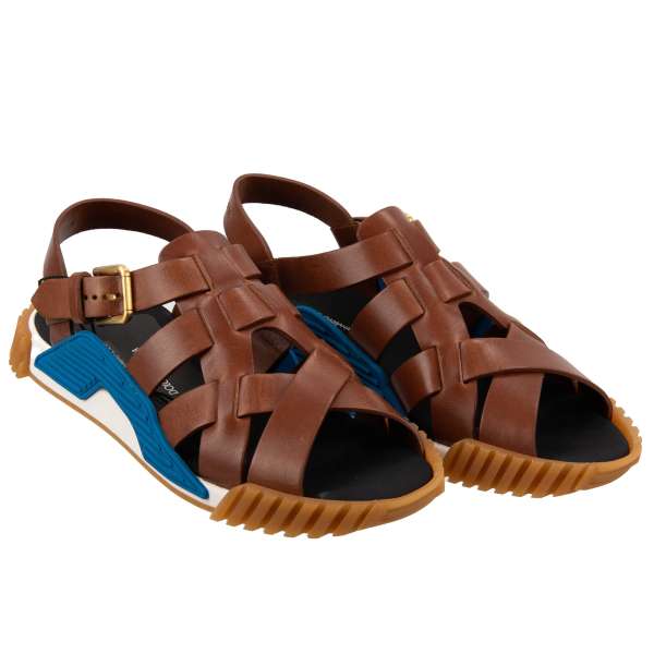 Sneaker style Leather strap sandals NS1 with buckle in brown and blue by DOLCE & GABBANA