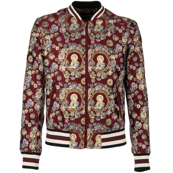 Bomber Jacke aus Lurex Jacquard mit Barock Maria Print, Strick Details und Taschen mit Reißverschluss von DOLCE & GABBANA