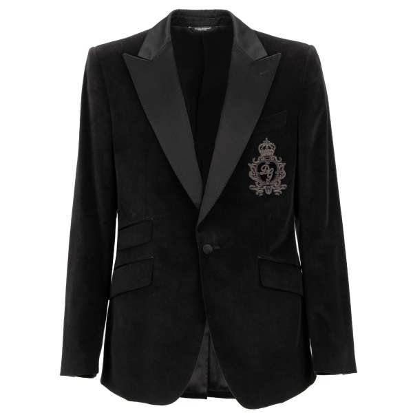 Velvet tuxedo / blazer with handmade pearls and goldwork crown DG logo embroidery in black by DOLCE & GABBANA