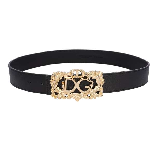 Dauphine calf leather belt with DG Baroque metal buckle in black and gold by DOLCE & GABBANA