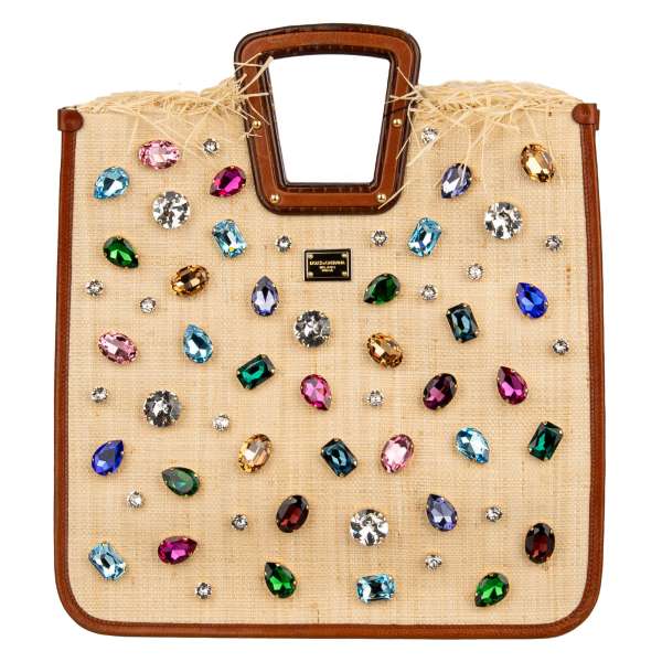 Handtasche / Shopper Tasche BEATRICE aus Stroh und Leder mit Kristallen, doppeltem Griff aus Holz und Logo Schild von DOLCE & GABBANA