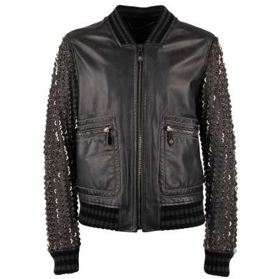 Leather Bomber Jacket DEEPER with Stars Studs and Logo Black 50 M