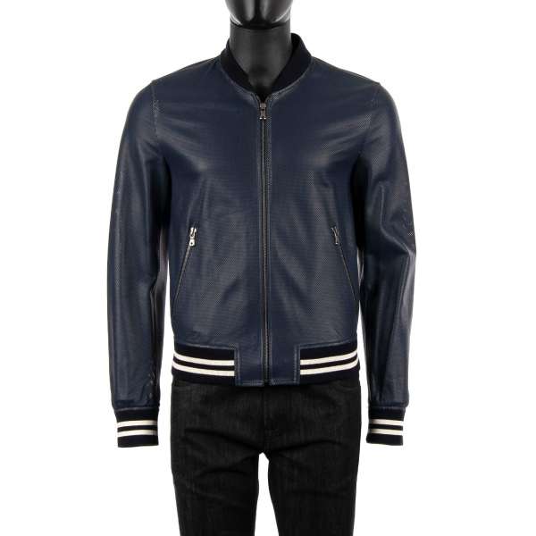 Perforated bomber style leather jacket made of nappa leather with knitted contrast waist and cuffs by DOLCE & GABBANA