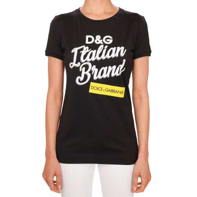 Cotton T-Shirt Top DG Logo Print Patch Black IT 38 XS