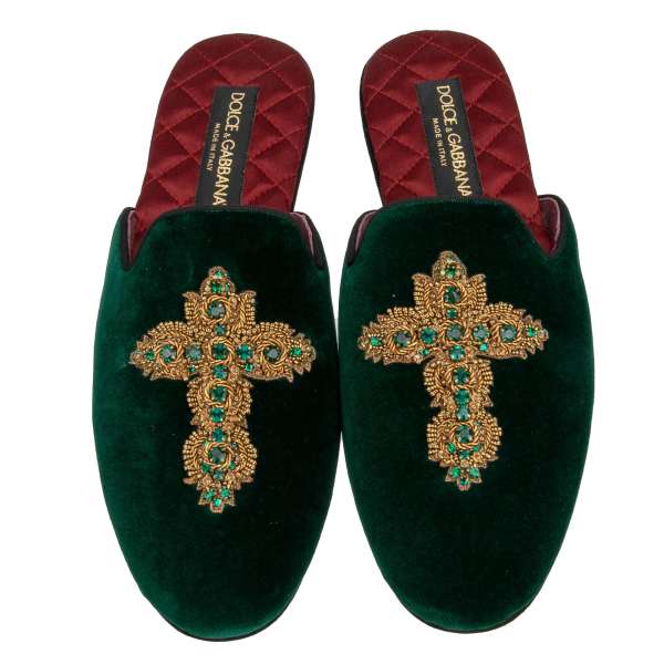 Velvet slipper shoes BRAMANTE with emerald color crystal gold cross in green by DOLCE & GABBANA
