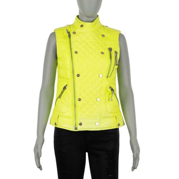Quilted leather Vest Jacket SERIOUS with zip pockets in neon yellow by PHILIPP PLEIN COUTURE
