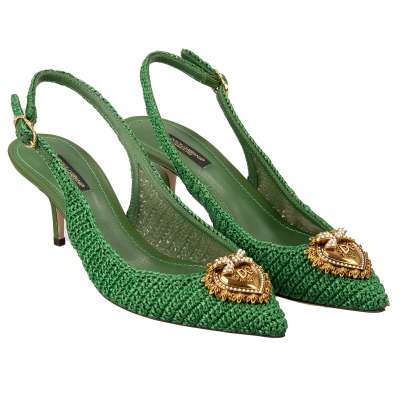 Raffia Heart Pearl Brooch Slingbacks Pumps DEVOTION Green 39
