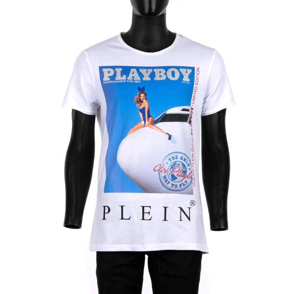 T-Shirt mit Kristallen verziertem Magazin Cover von Amanda Booth / Stewardess und 'Playboy Plein' Schriftzug vorne und auf der Rückseite von PHILIPP PLEIN x PLAYBOY