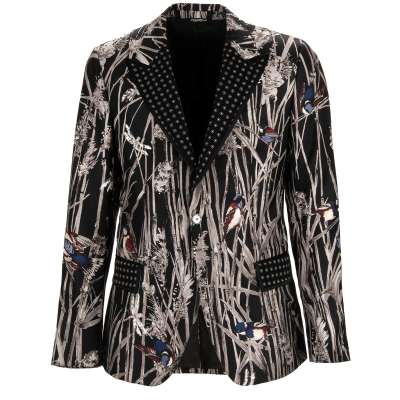 Bird Print Silk Blazer Jacket Tuxedo Black Gray 48 M
