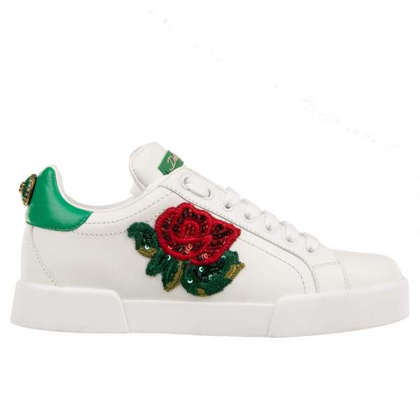 Leather Sneaker PORTOFINO with DG Pearl on the back and sequin rose embroidery in green, red and white by DOLCE & GABBANA