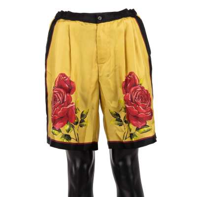 Silk Bermuda Shorts with Roses Print Yellow Black 48 M