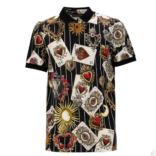 Cotton Polo Shirt with sacred hearts and cards print in black, red and white by DOLCE & GABBANA