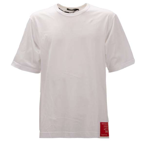 Baumwolle T-Shirt mit DG Krone Royal Vintage Logo Patch Weiß von DOLCE & GABBANA