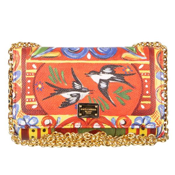 Crossbody Dauphine Leather clutch / wallet with Carretto Siciliano Print, logo plate, phone pocket and chain by DOLCE & GABBANA