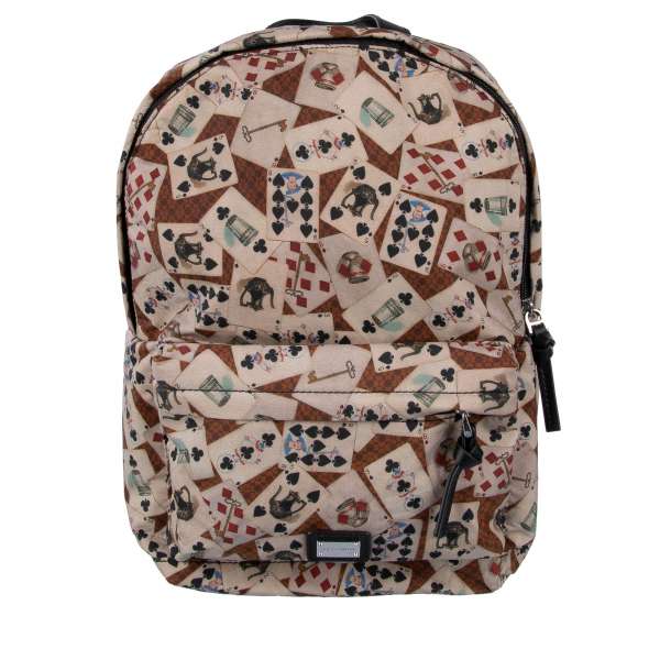 Playing cards printed nylon and leather children backpack with outer pocket and logo plaque by DOLCE & GABBANA Black Label