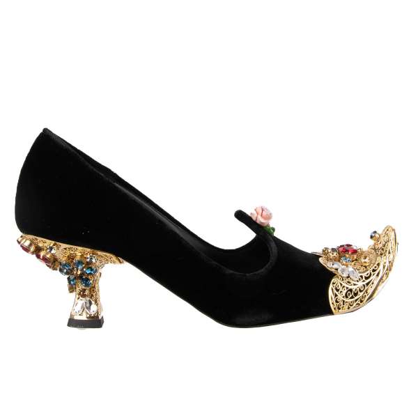 Pointed Baroque Velvet Pumps ALADINO in black with crystals embellished real brass toe and heel and a rose brooch by DOLCE & GABBANA